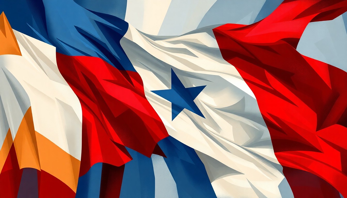 A fractured, abstract painting of a Texas state flag waving in the wind, the colors distorted and repeated in overlapping geometric waves, conveying a sense of political turmoil and division.