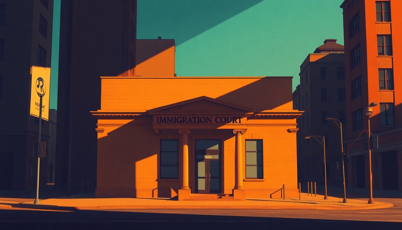 A photorealistic painting of a government building in a city, with warm light and deep shadows creating a contemplative, cinematic mood, conceptually representing the legal challenges to the Trump administration's immigration policies.