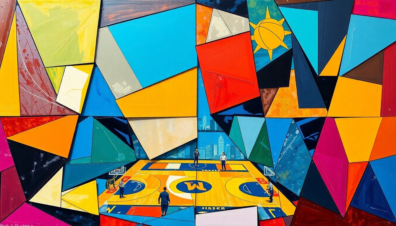 A cubist, geometric painting featuring overlapping planes of bright red, navy blue, and gold, capturing the dynamic movement and energy of a WNBA basketball game.