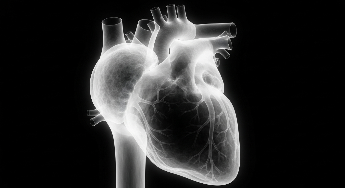 An extreme close-up X-ray photograph of a damaged human heart, glowing ghostly against a dark background, conceptually representing the medical emergency that led to a tragic death during a community race.