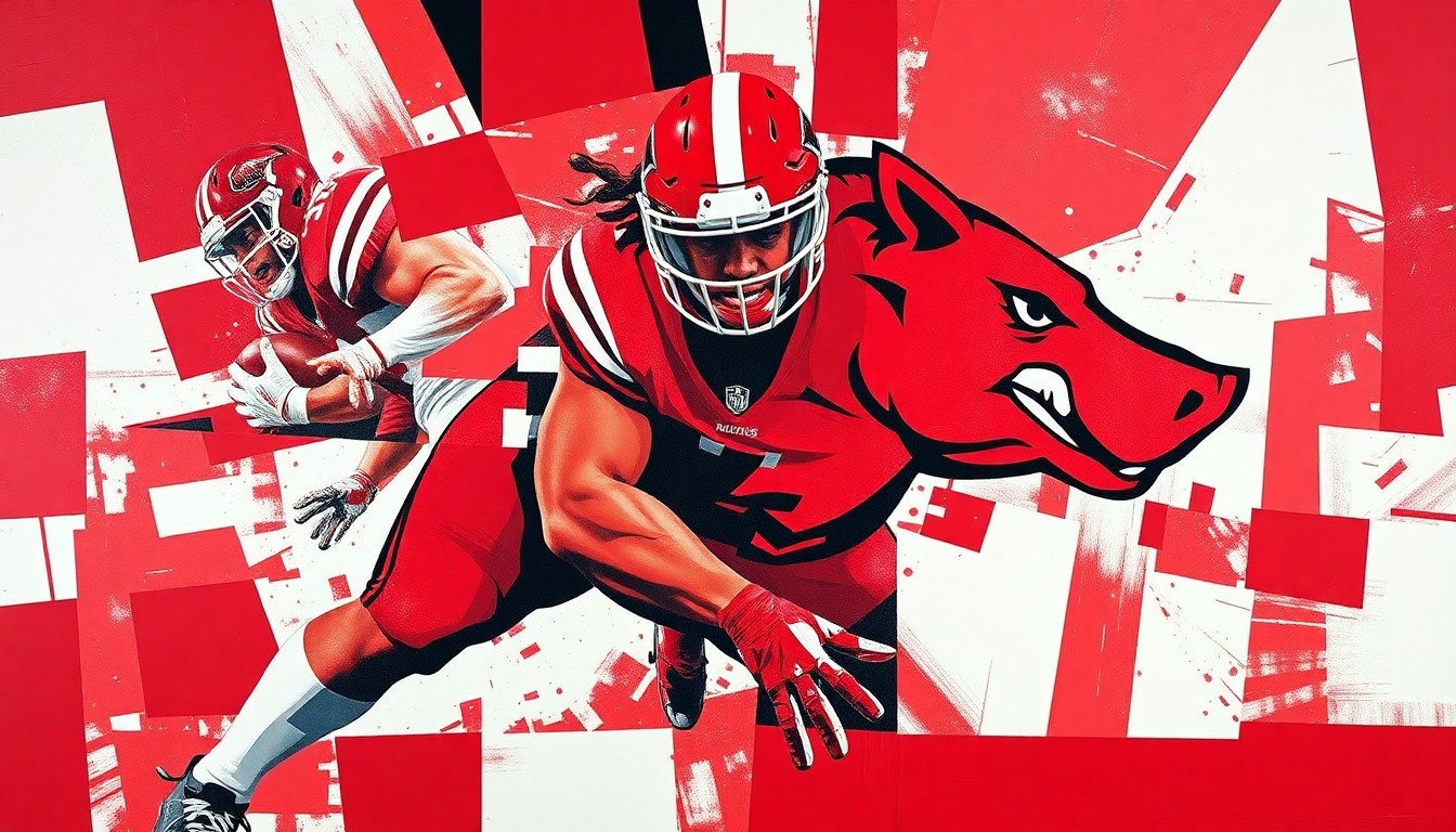 A cubist, geometric illustration depicting an offensive lineman's blocking motion, with sharp planes of red, white, and black representing the raw power and athleticism of the position.