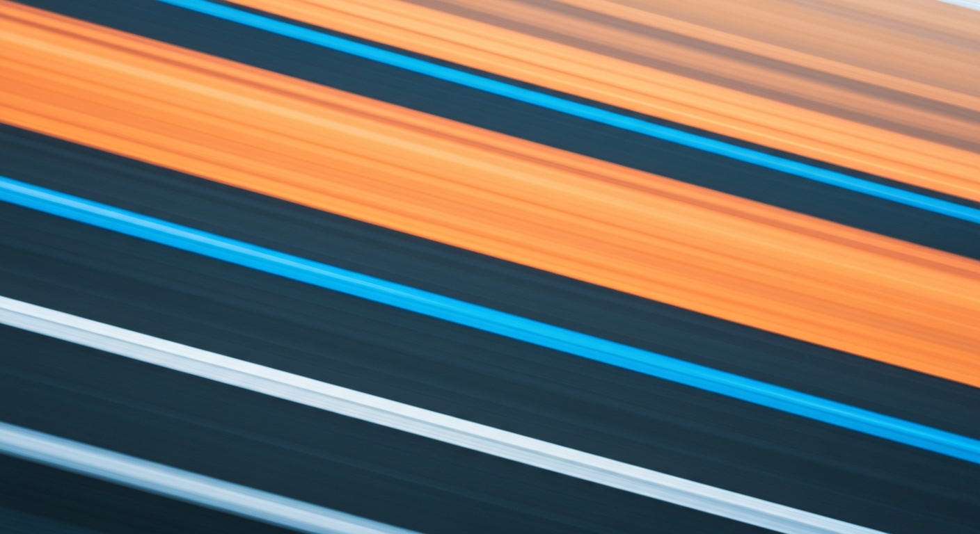 An abstract, impressionistic image of a McLaren Formula 1 car in motion, with vibrant streaks of papaya orange, charcoal grey, and electric blue conveying a sense of speed and power.