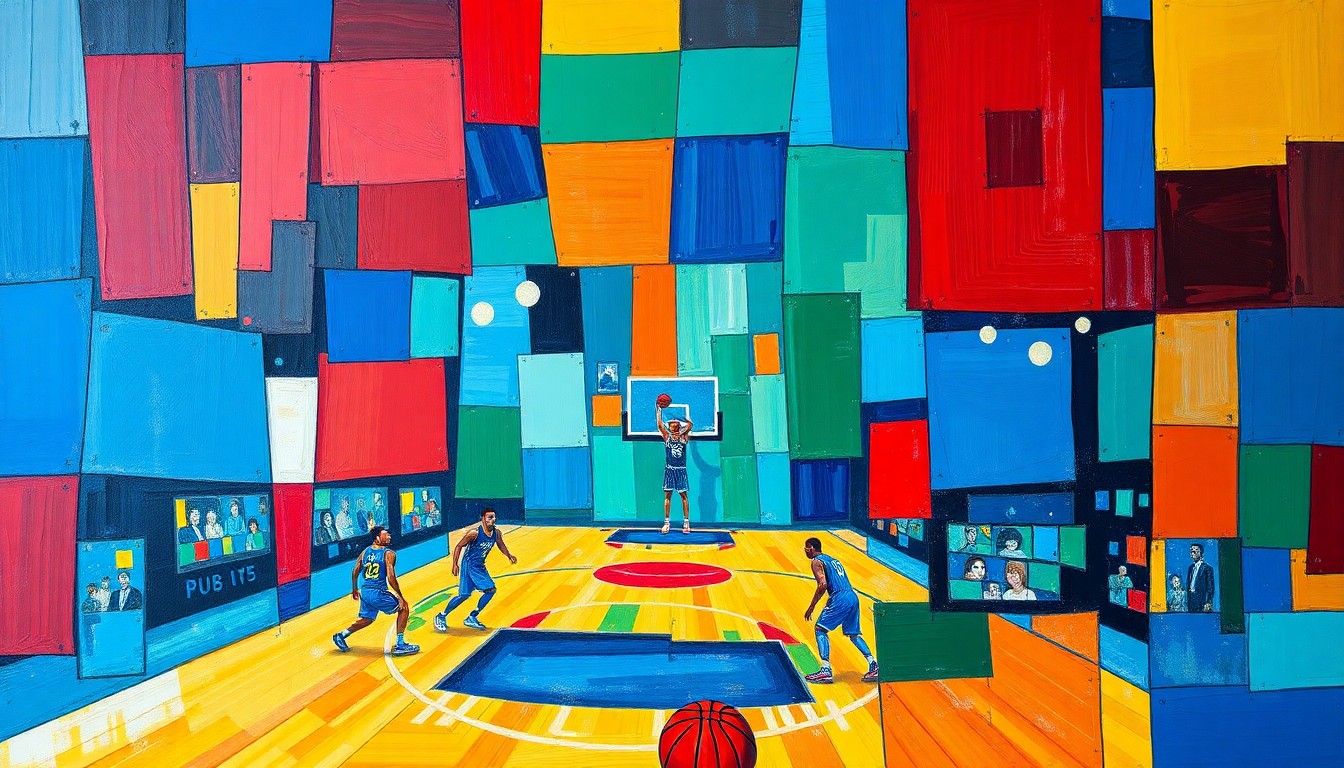 A cubist, geometric painting depicting a fragmented basketball court scene with players and the ball rendered in sharp, overlapping planes of vibrant colors, conveying the strategic complexity and unpredictability of the NBA playoffs.