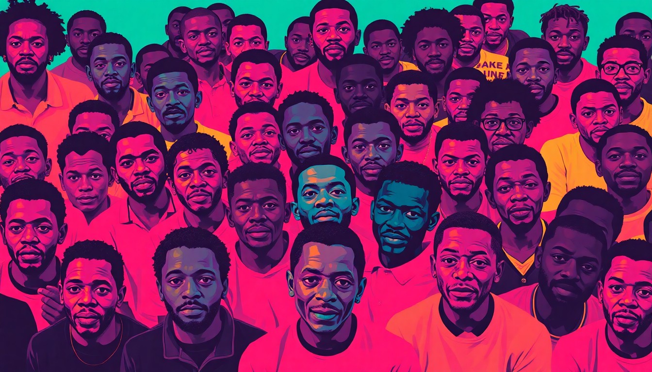 A brightly colored, high-contrast silkscreen print of a group of Black men and boys in various poses, repeated in a tight grid pattern, conceptually representing the community gathering and empowerment at the Black Male Summit.