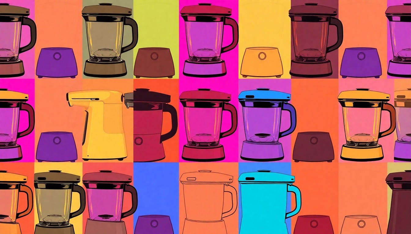 A high-contrast silkscreen print in neon colors depicting a kitchen blender repeated in a grid pattern, conceptually representing the updated appliances and finishes of the home.