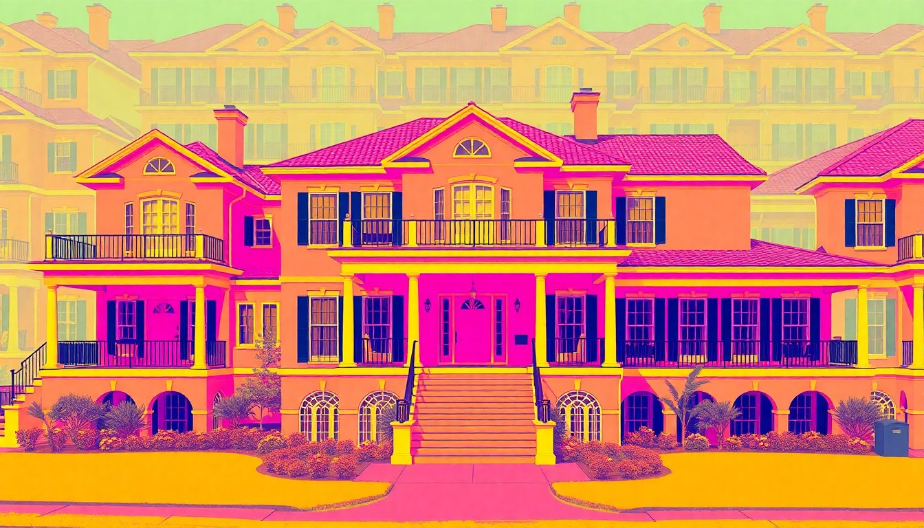 A brightly colored, high-contrast silkscreen print of a large, two-story luxury home exterior repeated in a tight grid pattern, utilizing flat, unnatural neon color palettes and heavy black photographic outlines to transform an everyday residential scene into modern pop art.