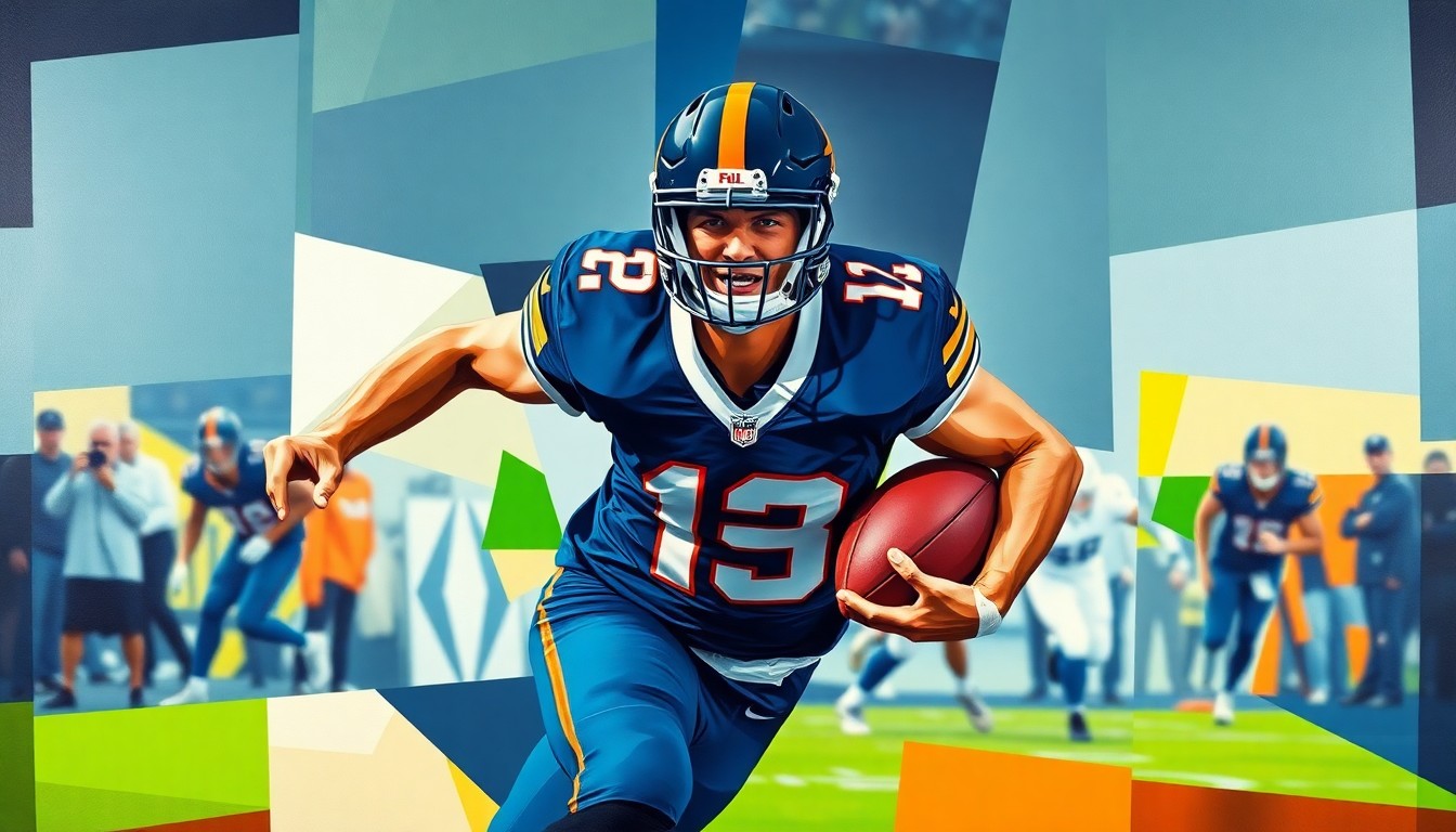 A cubist, geometric painting depicting a football player in the midst of a pass rush, with sharp, overlapping planes of navy blue, lime green, and burnt orange.