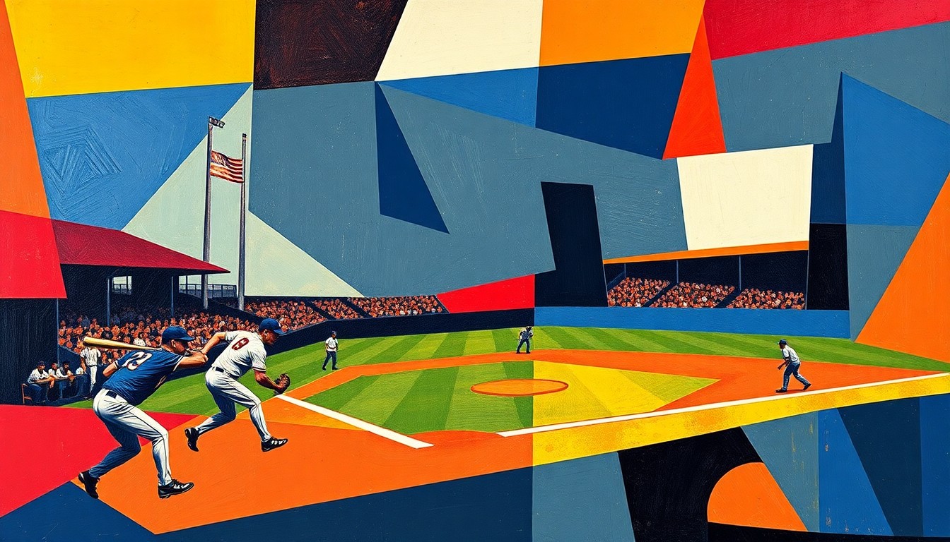 A fragmented, multi-perspective painting in the style of Pablo Picasso, depicting a baseball game in motion with sharp, overlapping geometric shapes and planes in a vibrant color palette, conceptually representing the unpredictable drama and energy of the sport.