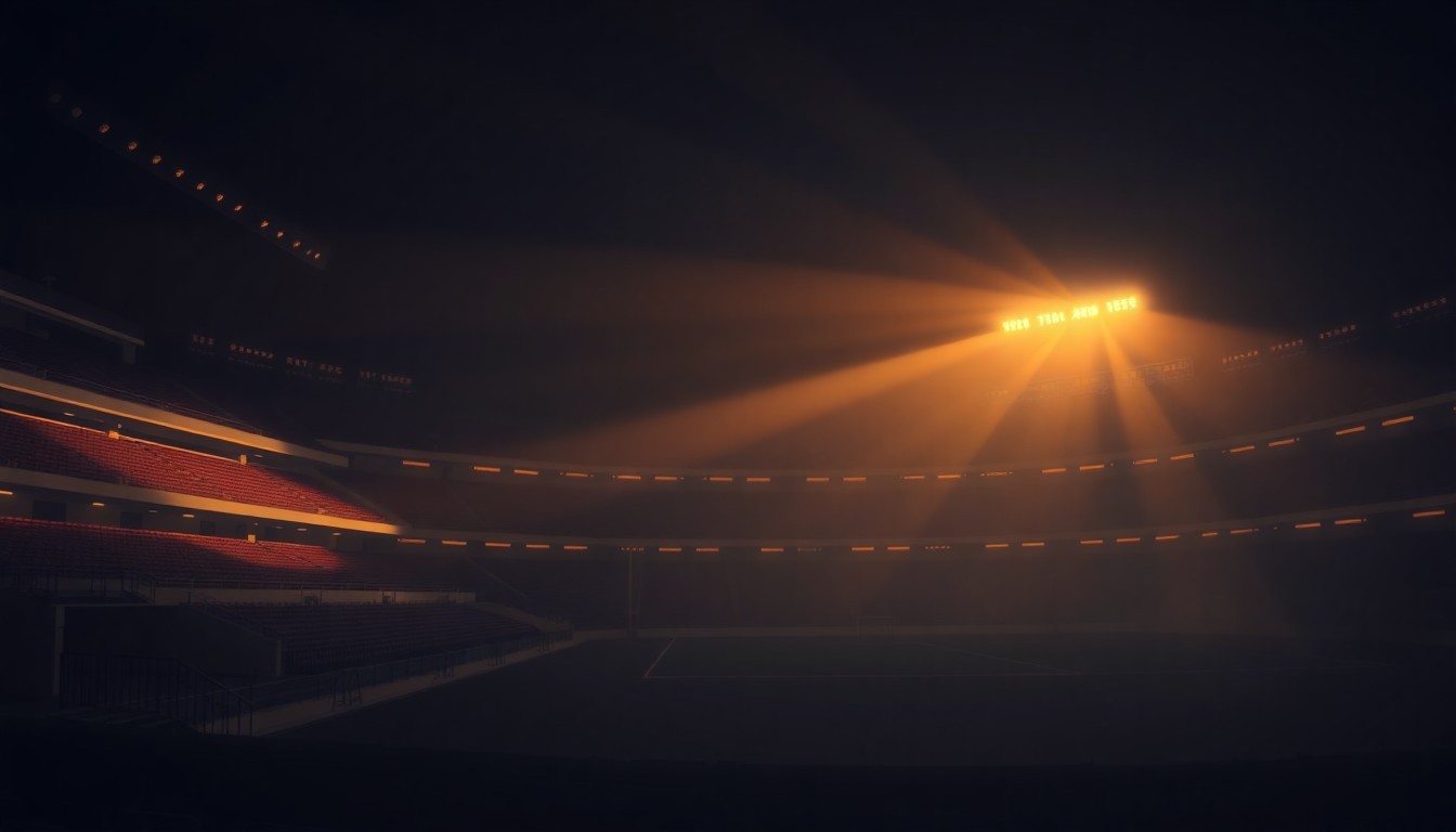 A dimly lit, cinematic painting of an empty sports stadium or arena, with warm sunlight streaming in through the windows and deep shadows obscuring much of the structure. The scene has a melancholic, nostalgic mood, capturing the uncertainty surrounding the Bears' future in Illinois.