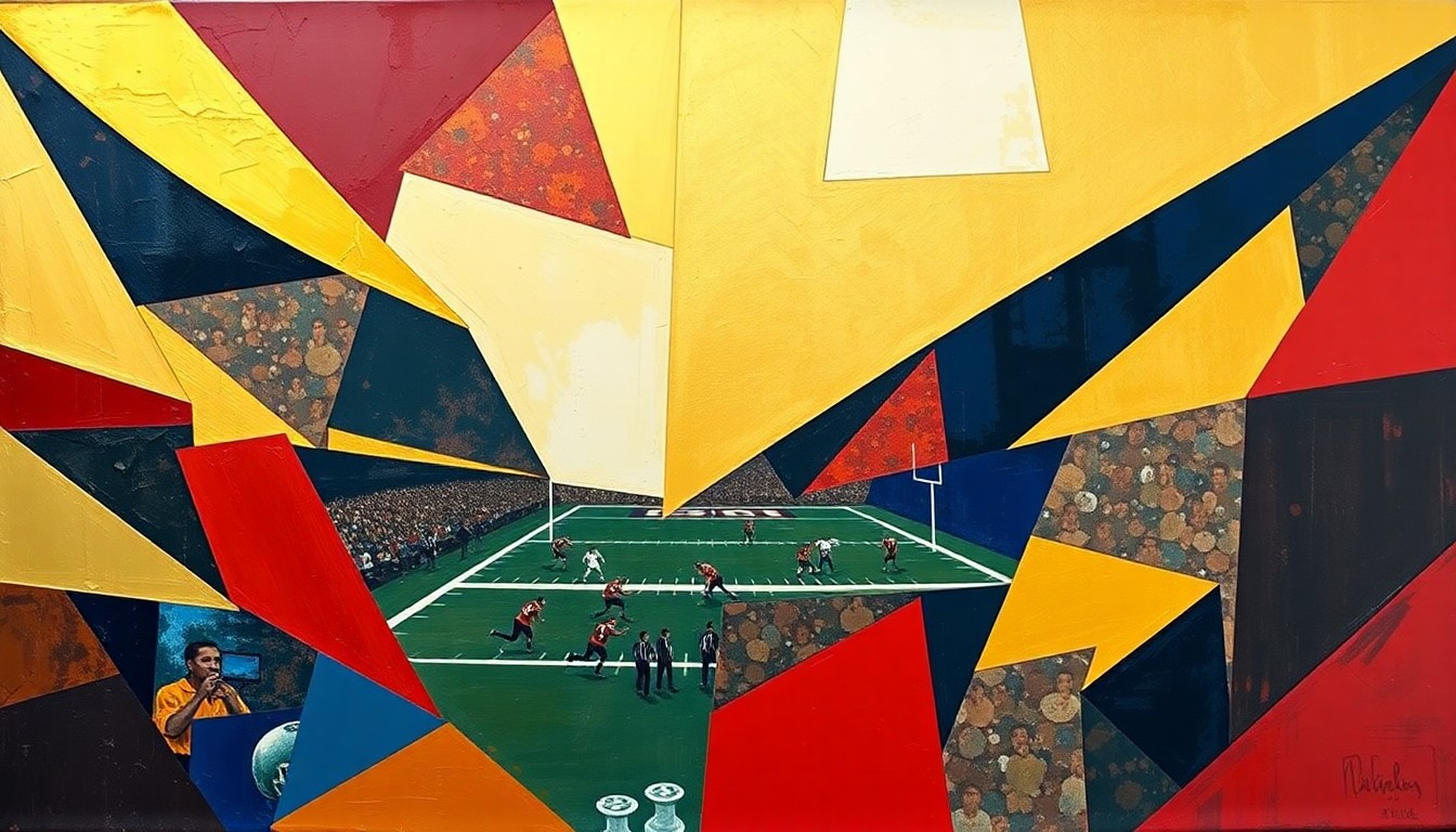 A cubist, geometric painting depicting a fragmented football field, with players and equipment broken down into overlapping angular shapes in shades of garnet, gold, and navy blue, conveying the complex roster changes facing Florida State's offense.