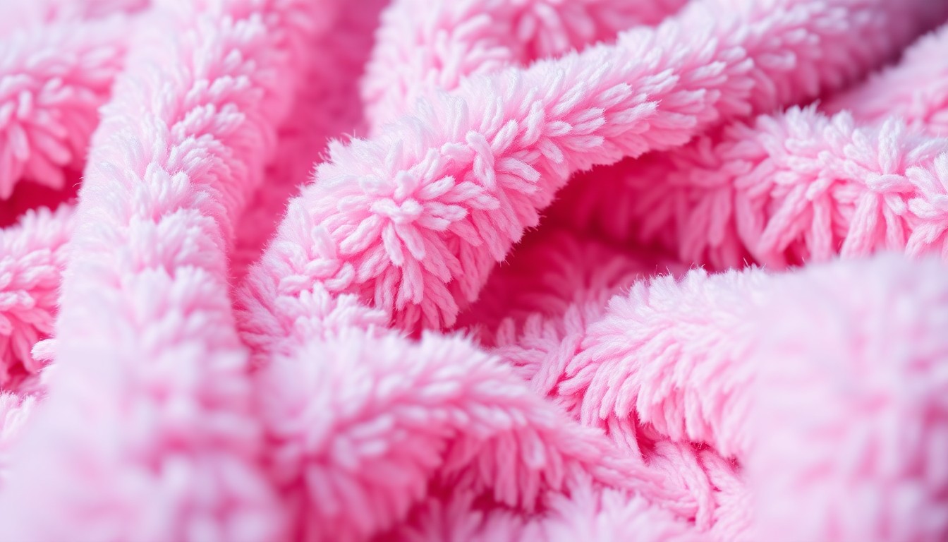 An extreme close-up photograph of a soft, plush baby blanket in pastel shades of pink and lavender, with dramatic high-contrast studio lighting creating a glowing, glamorous texture that conceptually represents the complex emotions of new motherhood.