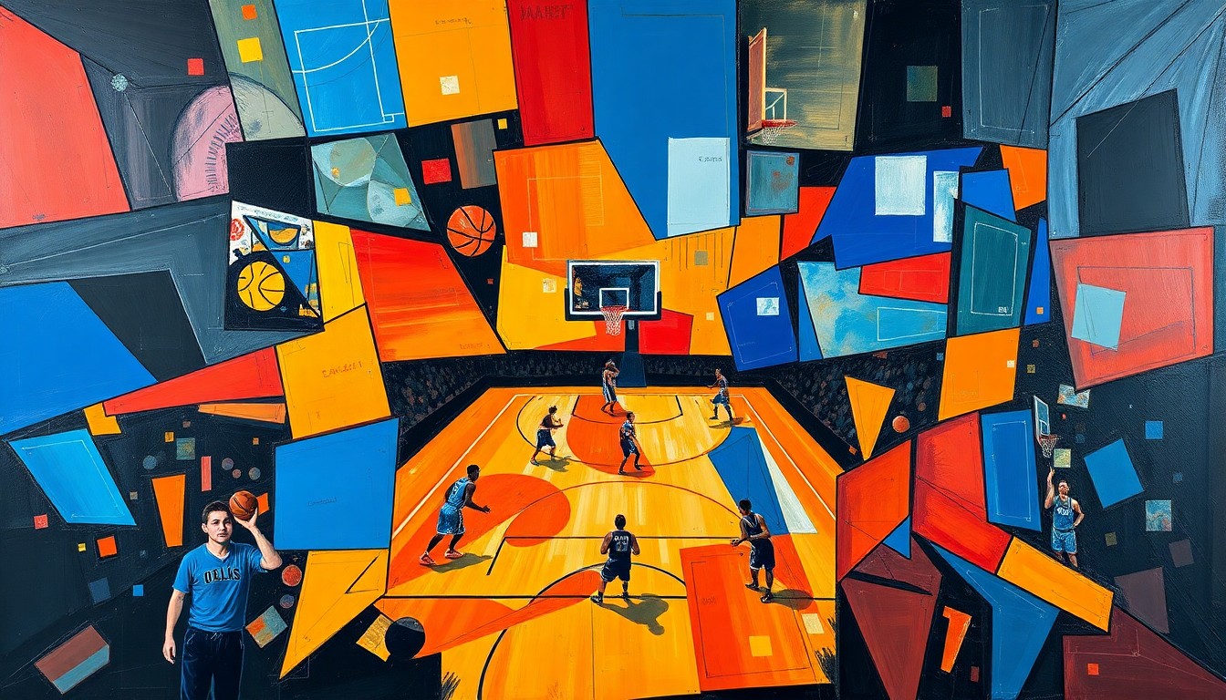 A fragmented, geometric painting in bold, contrasting colors that captures the dynamic movement and intensity of a basketball game, with overlapping shapes and planes representing the sport's action.