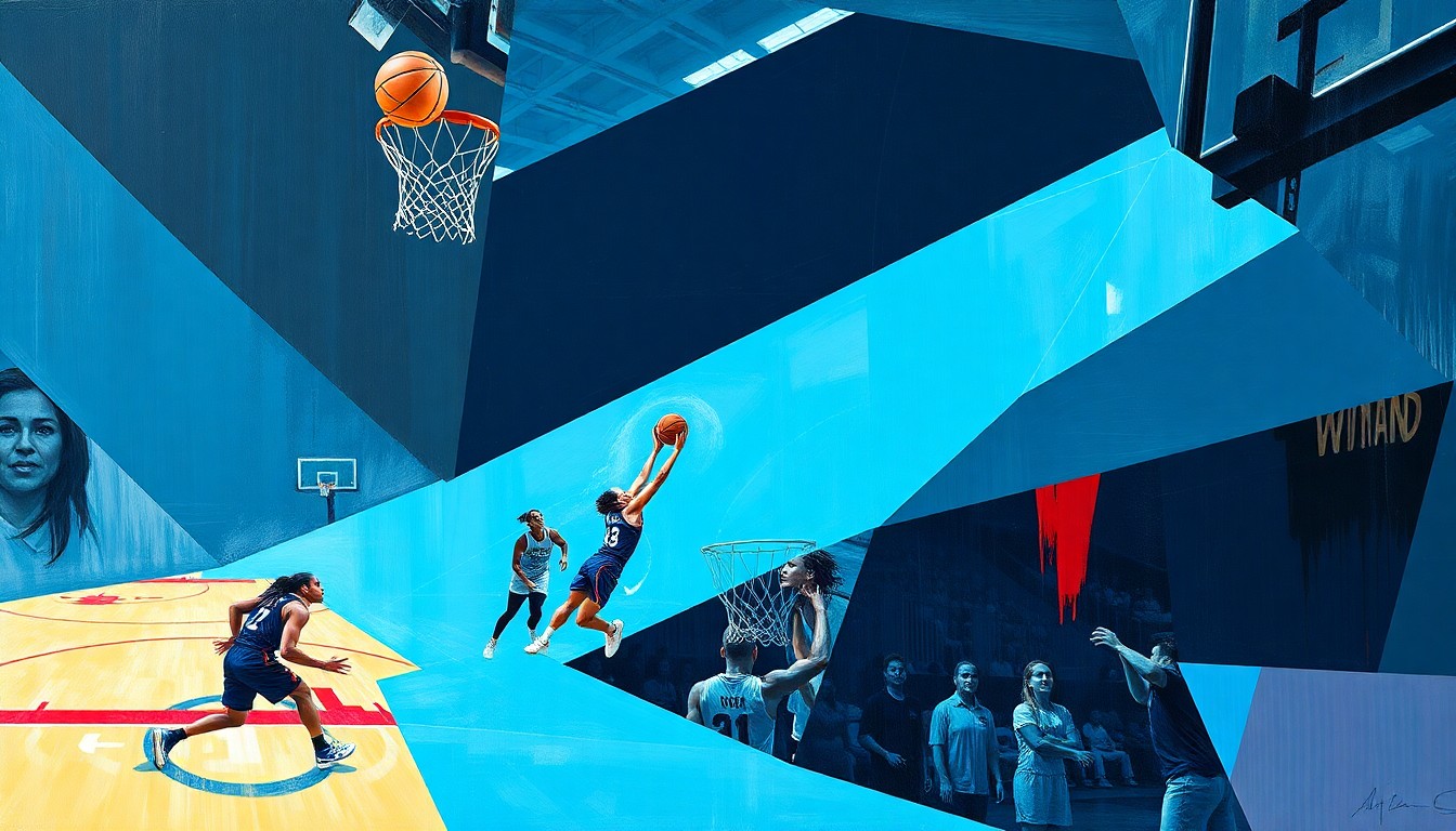 A cubist, geometric painting depicting the dynamic movement and energy of a WNBA basketball game, with the players' forms deconstructed and abstracted into sharp, overlapping planes of color.