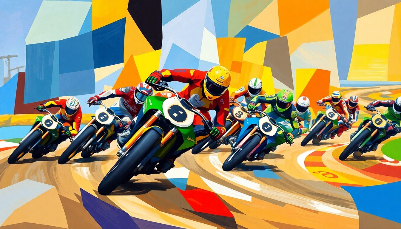A fractured, multi-perspective painting in vibrant colors, depicting the dynamic movements and competitive spirit of a speedway race. The overlapping geometric planes convey the complexities and nuances of the sport.