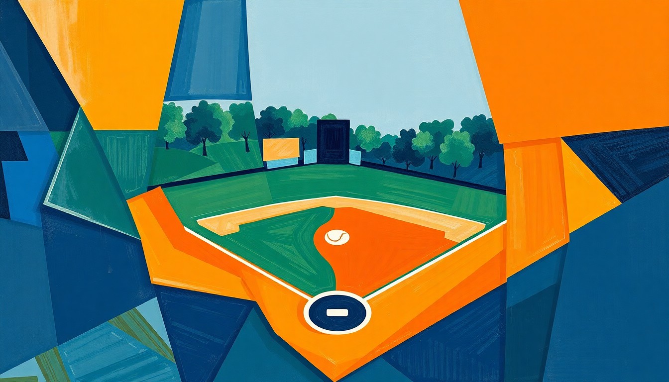A fragmented, geometric painting in shades of blue, green, and orange, depicting the dynamic action and multiple perspectives of a softball game.