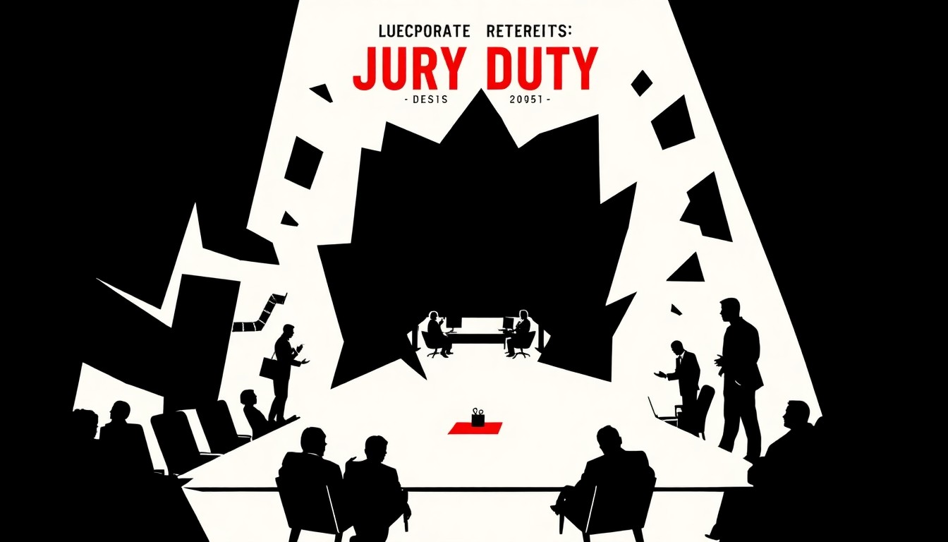 A bold, abstract composition of angular, jagged shapes in black, white, and red, conceptually representing the corporate chaos and power struggles at the heart of the new season of 'Jury Duty'.