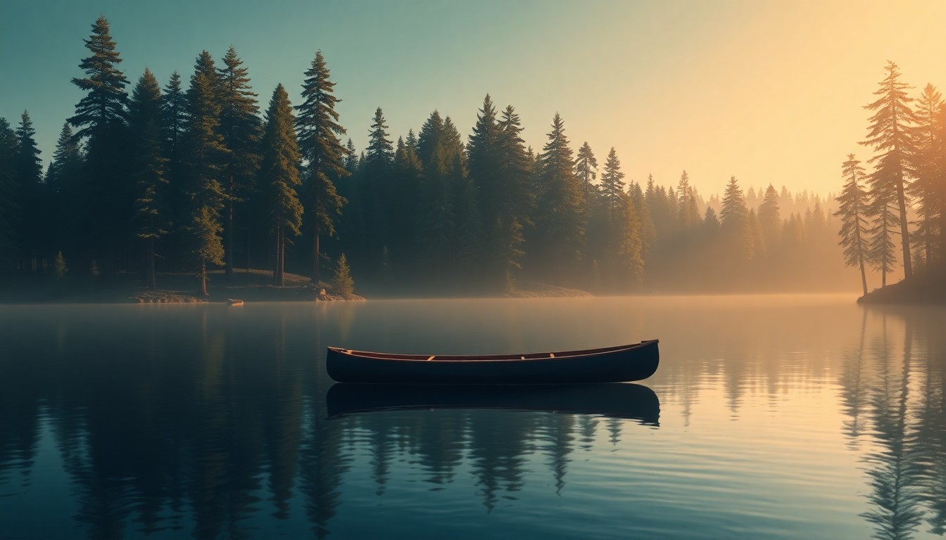 A serene landscape painting of a lone canoe floating on a calm lake surrounded by dense pine forests, the scene bathed in warm, golden light and deep shadows, conceptually representing the fragile beauty of the Boundary Waters wilderness.