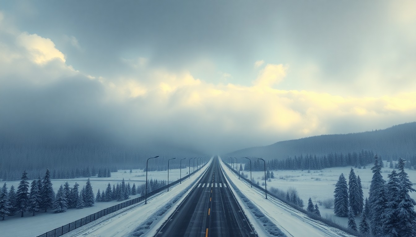 A sweeping, atmospheric landscape painting in muted tones of white, grey, and blue, depicting a snow-covered wilderness with a partially obscured highway cutting through the scene, conveying the overwhelming power of the natural elements and the fragility of human infrastructure.