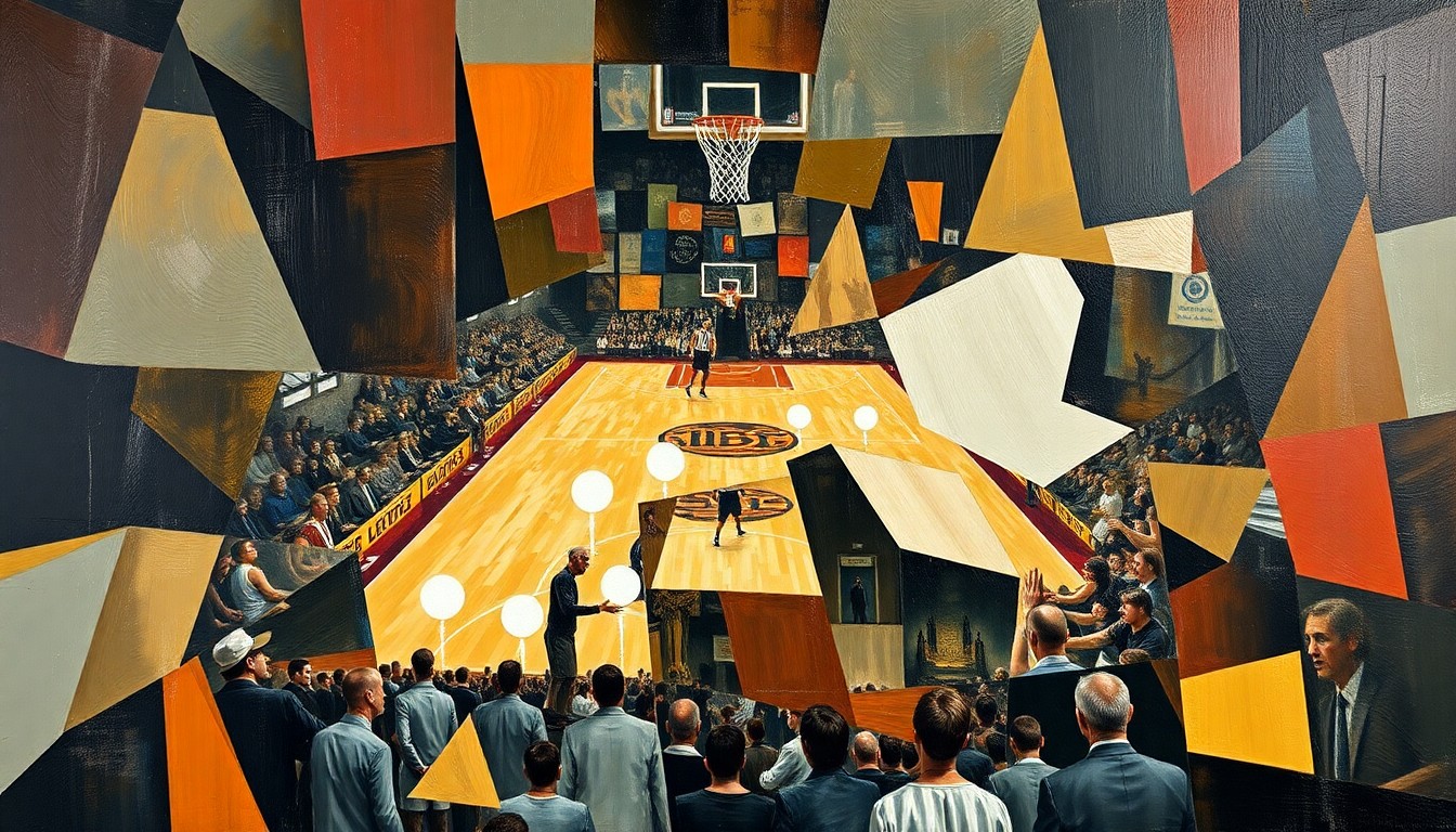 A fragmented, geometric painting depicting a basketball game or match, with sharp, overlapping planes of color and form representing the multifaceted nature of an athlete's career.