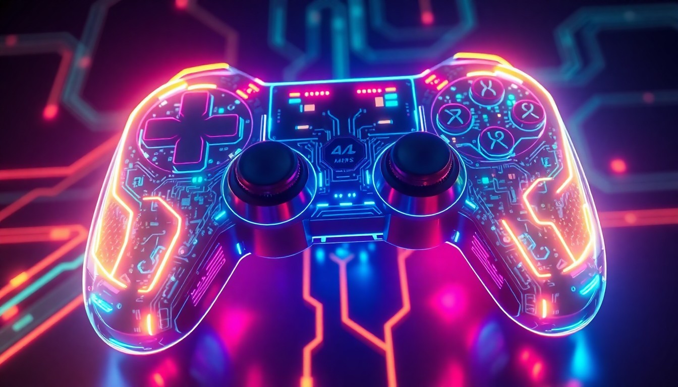 A highly detailed, glowing 3D illustration of a futuristic, neon-lit game console controller with intricate circuitry and pulsing lights, conceptually representing the complex digital infrastructure behind the gaming industry.