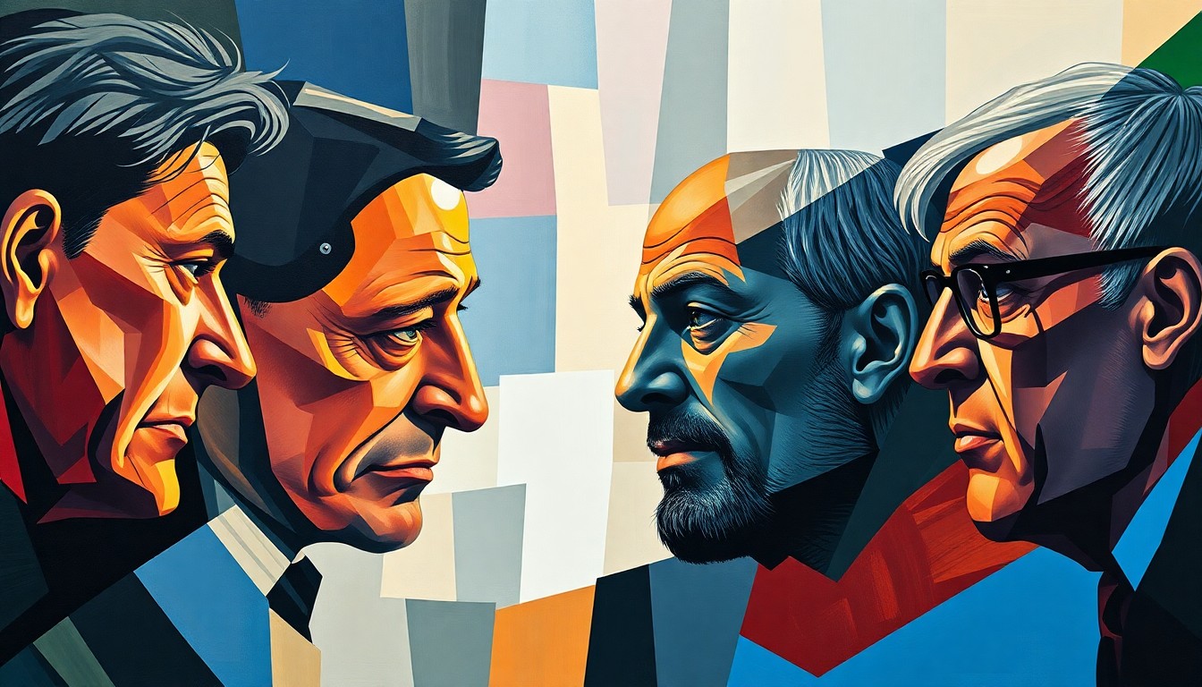 A cubist, geometric painting depicting the fragmented rise and fall of sports media personalities, with sharp, overlapping planes of color and form conveying the emotional turmoil and consequences of their actions.