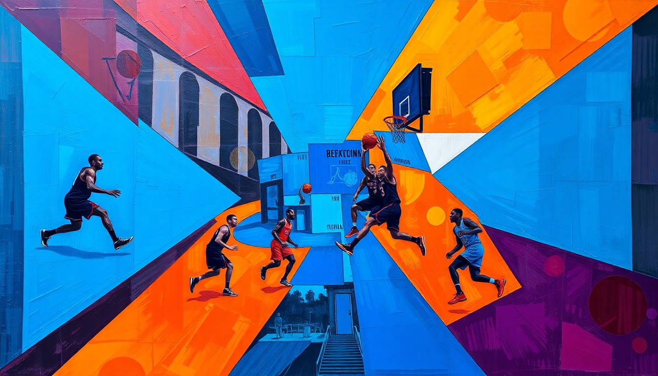 A fragmented, geometric painting depicting a basketball game in progress, with players' forms broken down into sharp, overlapping planes of vibrant colors like blue, orange, and purple, conveying the mental challenge of anticipating opponents' moves in both chess and basketball.
