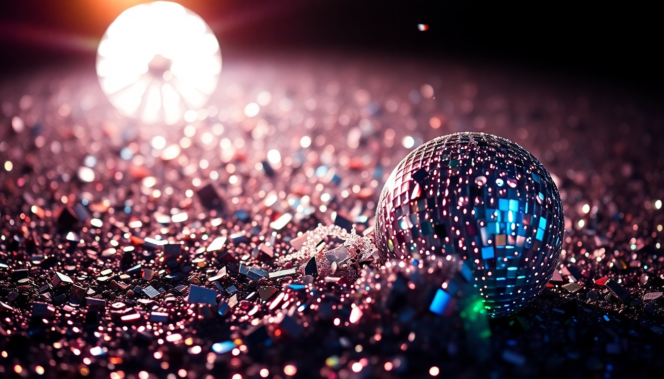 An abstract close-up image of shimmering sequins and shattered glass, capturing the glitz and glamour of Coachella's star-studded lineup.