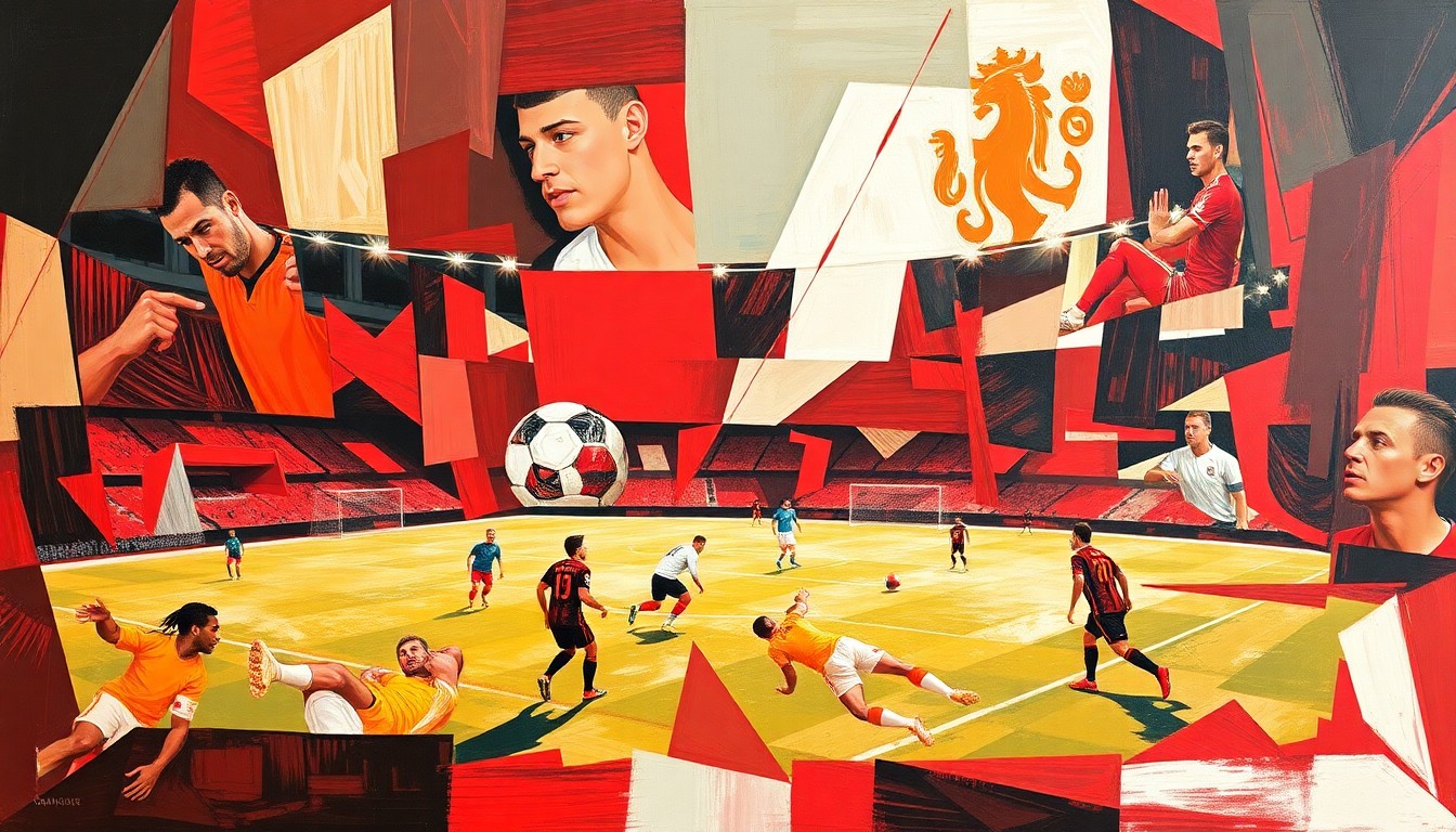 A cubist, geometric painting depicting a soccer player in motion, with sharp, overlapping planes of red and white representing the dynamic energy of the sport.