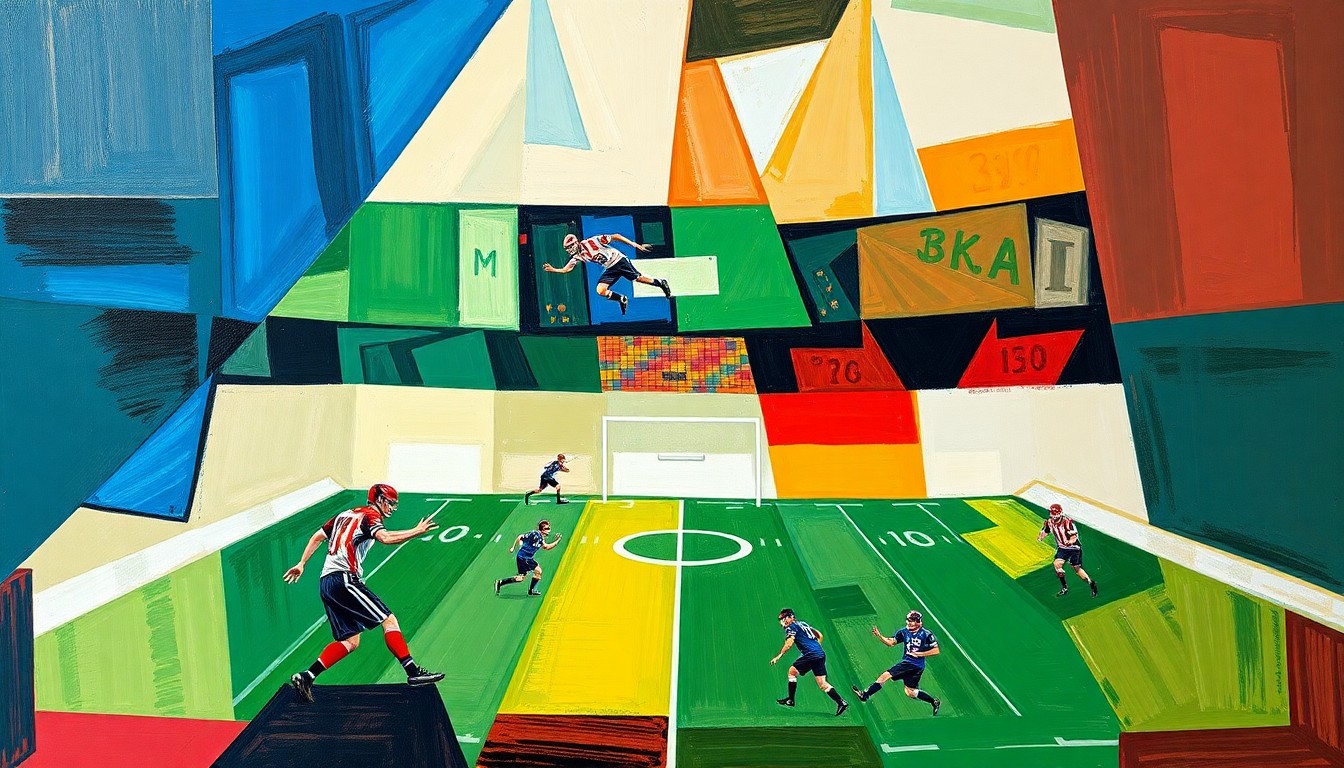 A cubist, geometric painting depicting fragmented football players, coaches, and plays, representing the collaborative nature of the Giants' offensive coaching staff.