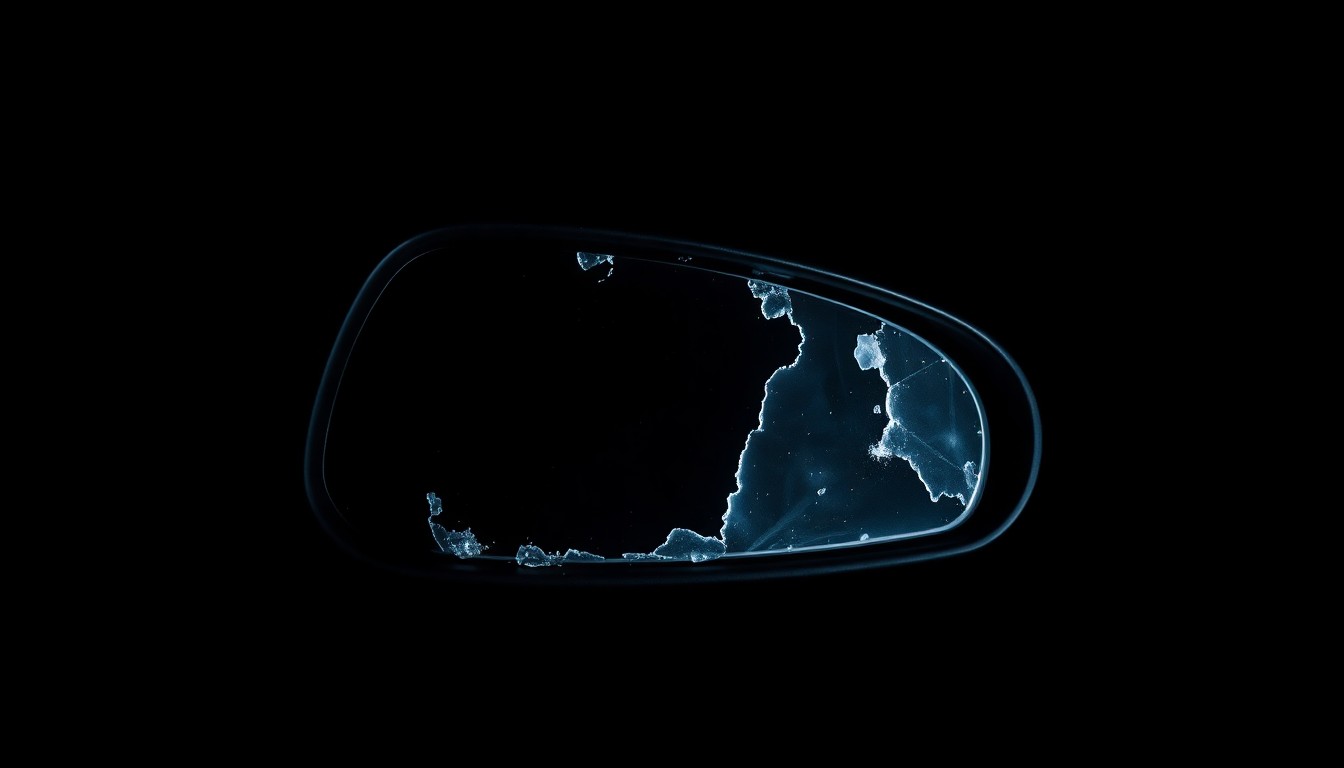 An extreme close-up photograph of a cracked and scratched car side mirror, the harsh flash illuminating the textured surface and creating dramatic shadows against the pitch-black background, conceptually representing the aftermath of a hit-and-run accident.