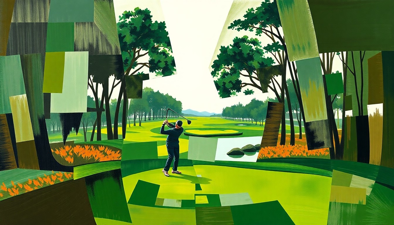 A cubist-style painting depicting a golf course and players in a fractured, geometric style, capturing the complex and multifaceted nature of the driving distance debate in the sport.