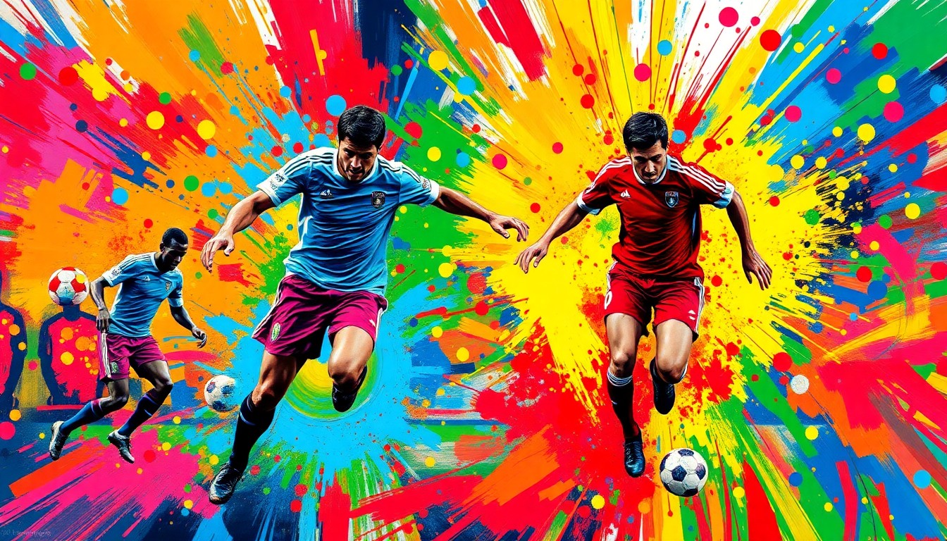 An abstract, energetic painting featuring vibrant brushstrokes of neon colors, capturing the raw emotion and movement of a professional soccer match.