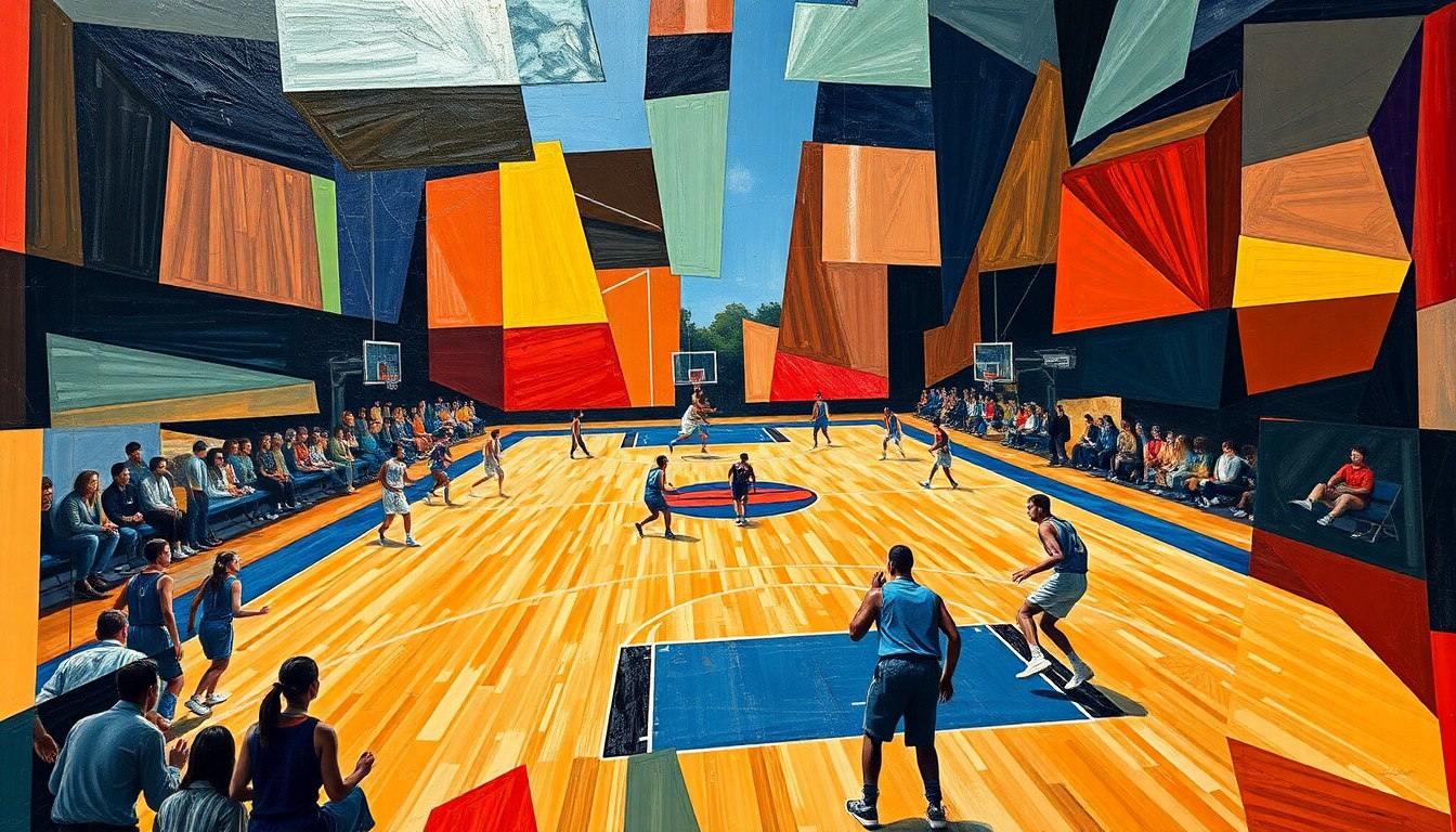 A dynamic, abstract painting featuring sharp, overlapping geometric shapes and planes that deconstruct the movements and lines of a high school basketball game into a vibrant, conceptual composition.