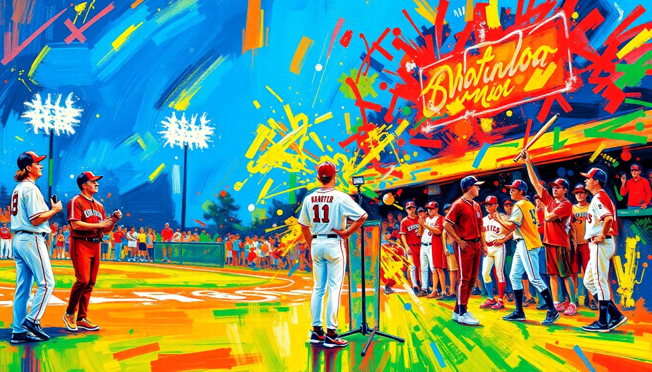 An abstract, expressionist painting featuring vibrant brushstrokes in neon colors, capturing the raw energy and emotion of a high school baseball pregame ceremony honoring a beloved coach.