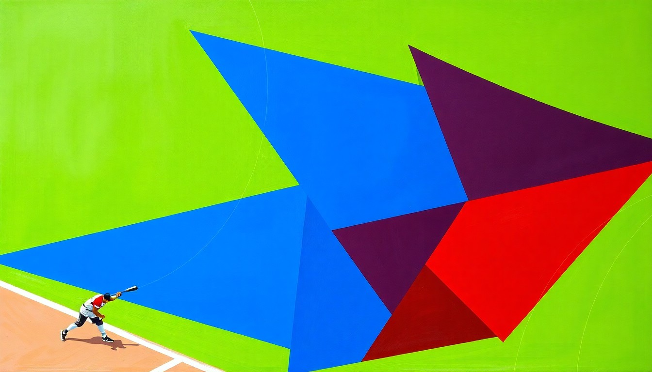 A fragmented, geometric painting depicting overlapping planes of color representing the dynamic movements and energy of a high school softball game.