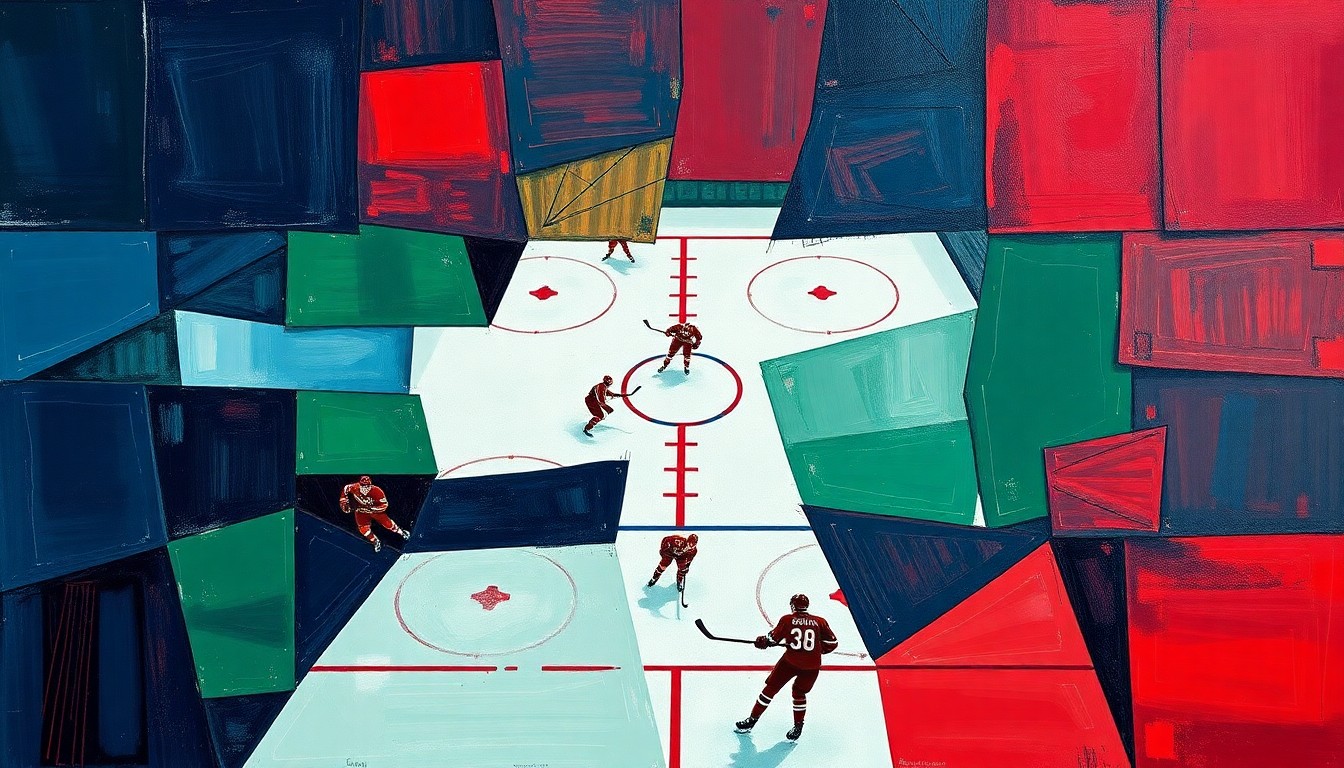 A vibrant, cubist-style painting depicting the fractured, multi-angled movements and energy of a junior hockey game, using bold geometric shapes and a palette of navy, green, and red.