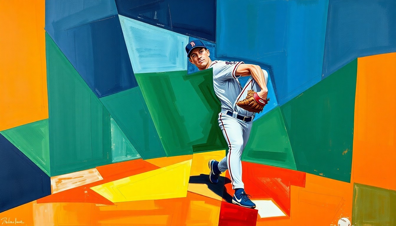 A cubist-style painting depicting a baseball pitcher's windup and delivery broken down into sharp, overlapping geometric shapes in vibrant colors, conceptually representing the Cardinals' strategic approach to building their starting rotation.