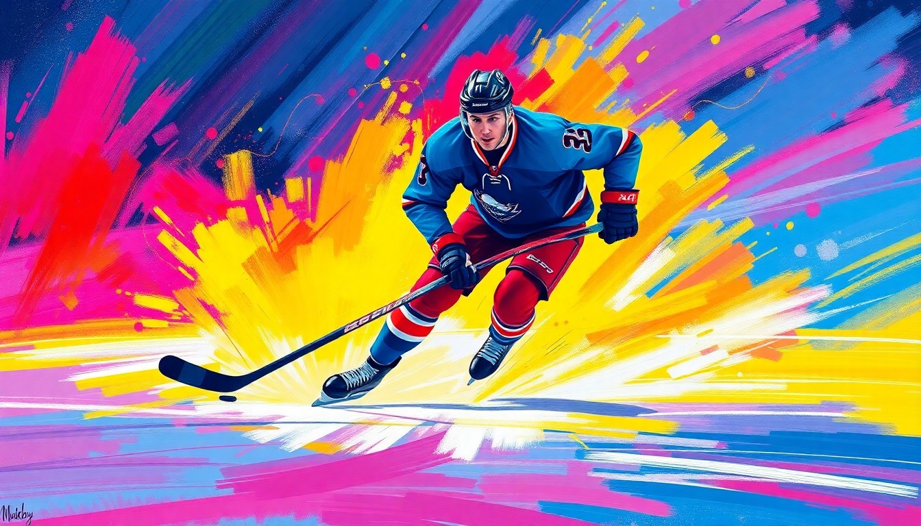 An abstract, expressionist painting in vibrant neon colors, with rapid brushstrokes depicting the dynamic movements of a hockey player on the ice, their face and jersey indistinct but the energy and motion of the sport palpable.