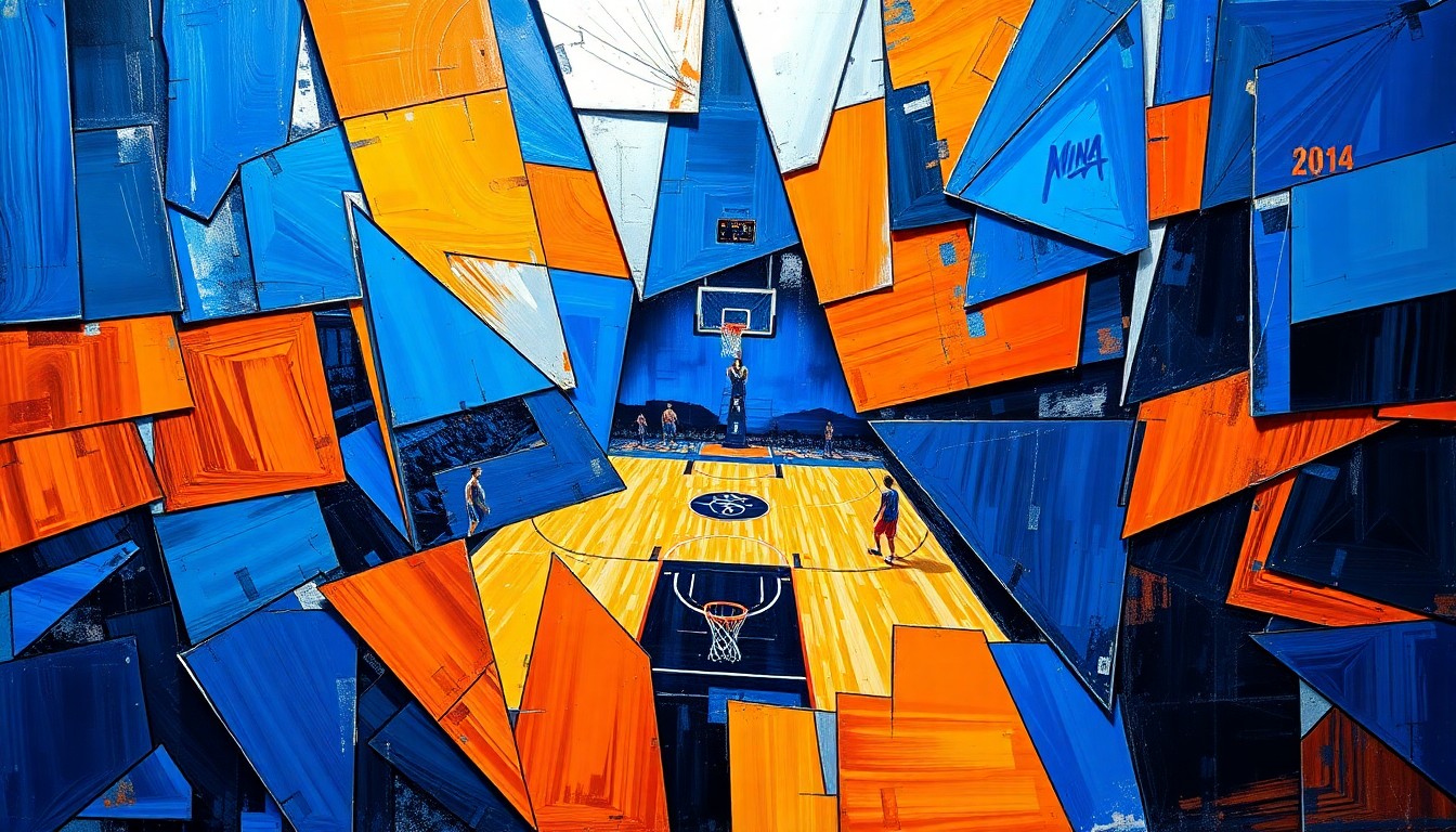 A fractured, geometric painting in bold, vibrant colors depicting the action and movement of a WNBA basketball game, with no recognizable faces or logos.