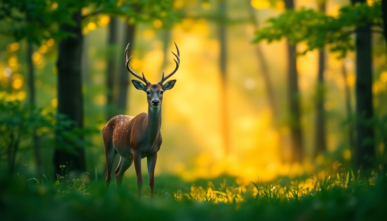 An abstract, impressionistic photograph of a deer standing in a blurred, colorful forest scene, conveying the tranquility and natural wonder of Utah's wildlife habitats.