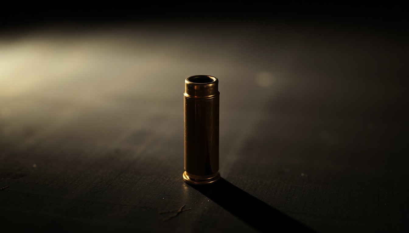 An extreme close-up photograph of a single spent shell casing on a dark surface, lit by a harsh, direct camera flash, conceptually illustrating the physical evidence left behind at a crime scene.