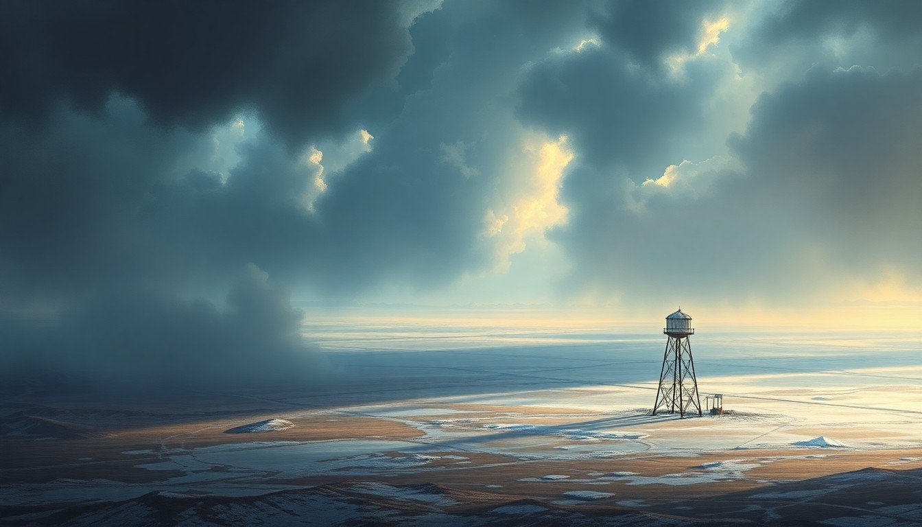 A sweeping, atmospheric landscape painting in muted tones of grey, blue, and white, depicting a small water tower or pipeline structure dwarfed by the overwhelming scale of a severe winter storm, conveying the vulnerability of the town's water supply during extreme weather.