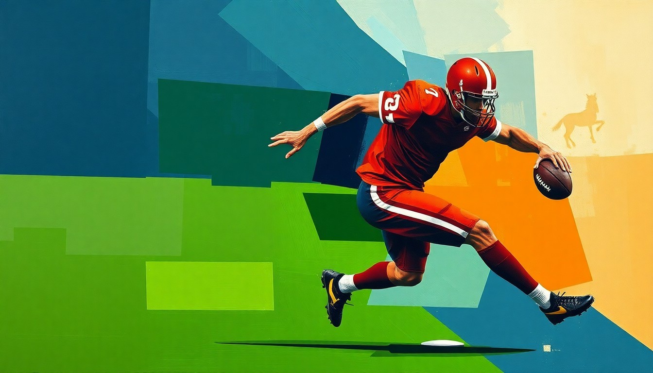 A fragmented, geometric painting depicting a football player in motion, broken down into sharp, overlapping planes of navy, green, and orange, conveying the complex, multi-faceted nature of an athlete's legal issues.