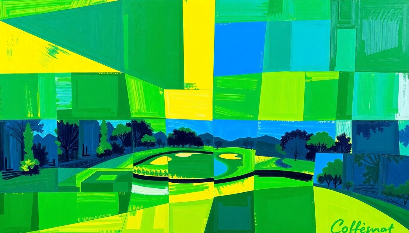 A fractured, geometric painting in shades of green, yellow, and blue, conceptually representing the Chevron Championship golf tournament being broken down into sharp, overlapping planes.