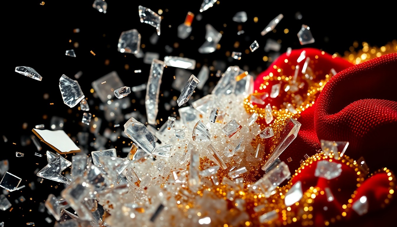 An abstract close-up photograph featuring a dramatic composition of shattered glass, glittering sequins, and plush velvet textures, all captured in high-contrast studio lighting to create a visually striking and conceptual representation of the glamour and drama associated with the Oscars.