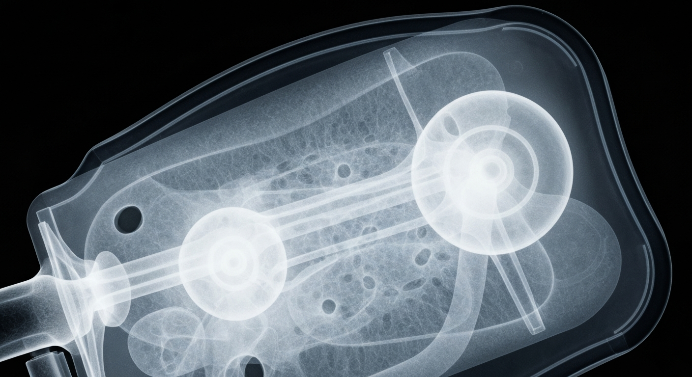 A ghostly, translucent X-ray photograph revealing the intricate internal structures of a medical device or biological component related to multiple myeloma treatment, conveying a sense of clinical precision and the delicate balance between the power of these therapies and the need to manage their immune-related complications.