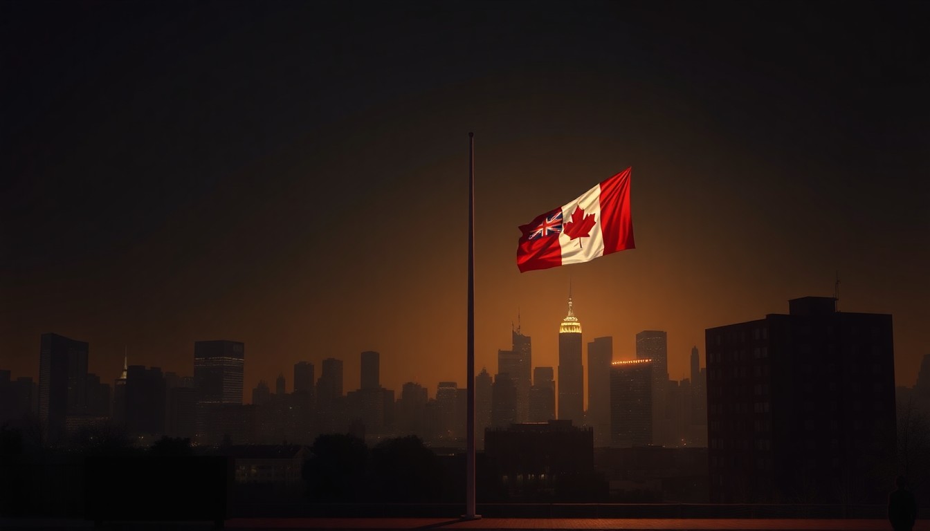 A serene, cinematic painting depicting the silhouettes of two flag poles, one Canadian and one Australian, standing tall against a dimly lit city skyline. The scene is bathed in warm, diagonal sunlight, casting deep shadows and creating a sense of quiet contemplation.