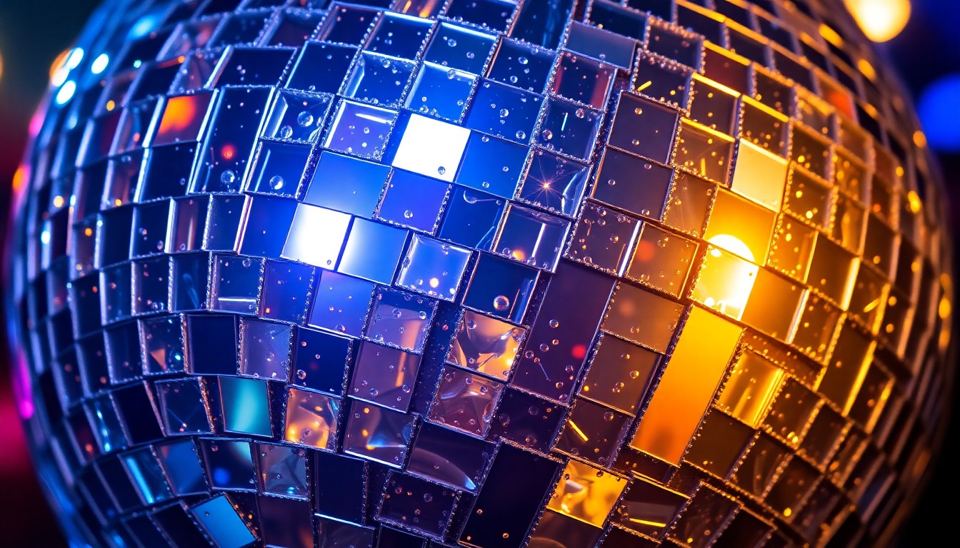 An abstract close-up photograph of shimmering, reflective disco ball fragments under dramatic studio lighting, conveying the luxurious, high-energy atmosphere of Hooky's entertainment offerings.