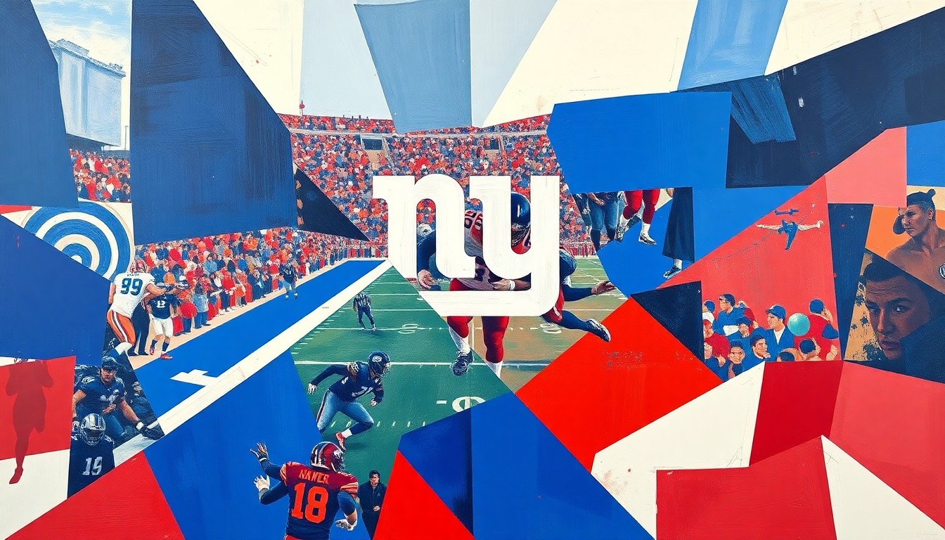 A fractured, geometric painting depicting a New York Giants football game, with the players and field broken down into abstract shapes and planes of blue, red, and white, conveying the complex dynamics of contract negotiations in the NFL.