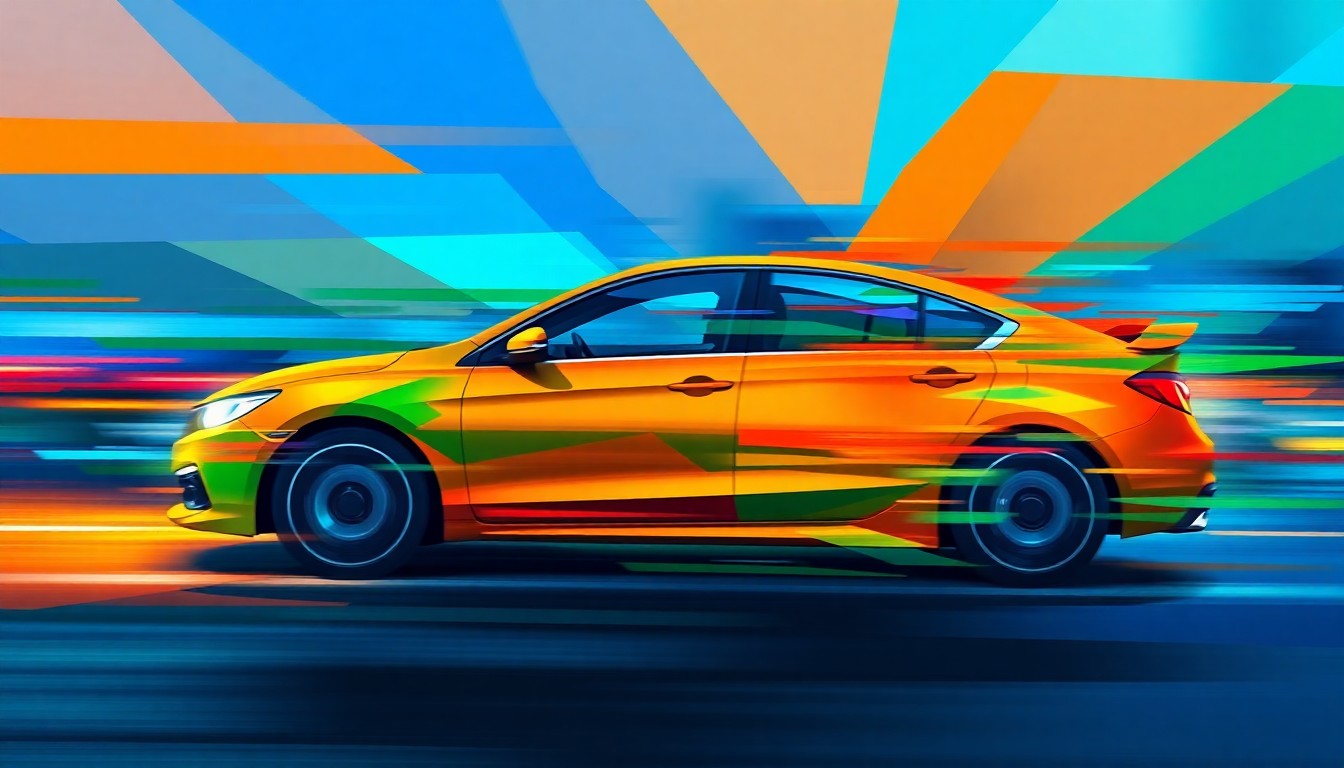 A vibrant, fractured painting of a speeding car in overlapping geometric shapes and waves of bright, contrasting colors, conveying the motion and energy of automated speed enforcement.